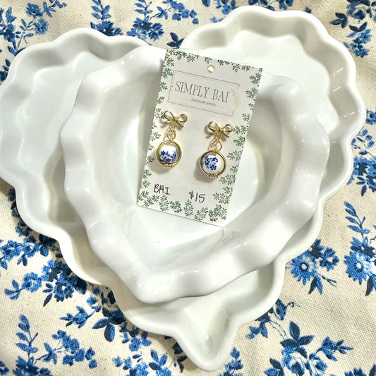 The Melanie | Handmade Blue & White Floral Bead Earrings with Gold Bow