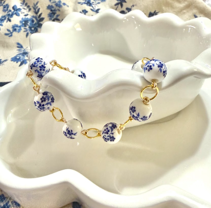 Madeline | Blue White Beads Gold Ring Bracelet